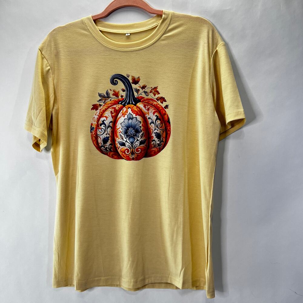 Beautiful Floral Pumpkin Shirt Stretch Women's Size L